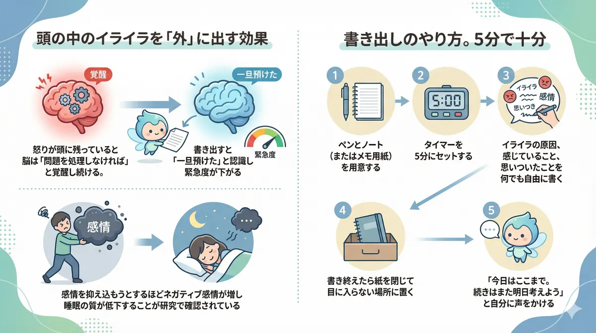 頭の中のイライラを「外」に出す効果と、5分で十分な書き出しのやり方を紹介します。