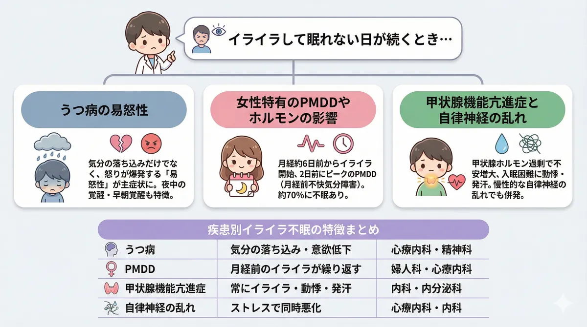うつ病の易怒性、女性特有のPMDDやホルモンの影響、甲状腺機能亢進症と自律神経の乱れについて解説します。