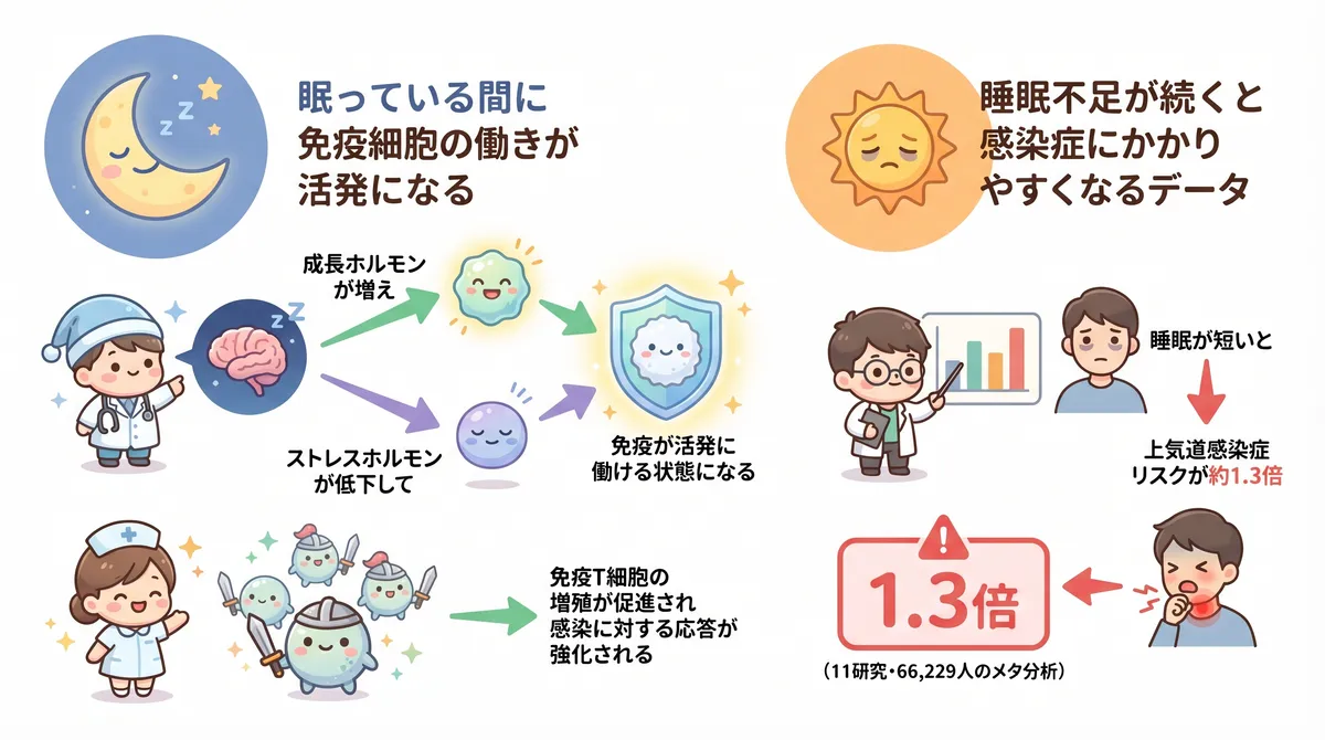 眠っている間に免疫細胞の働きが活発になること、睡眠不足が続くと感染症にかかりやすくなるデータを紹介します。