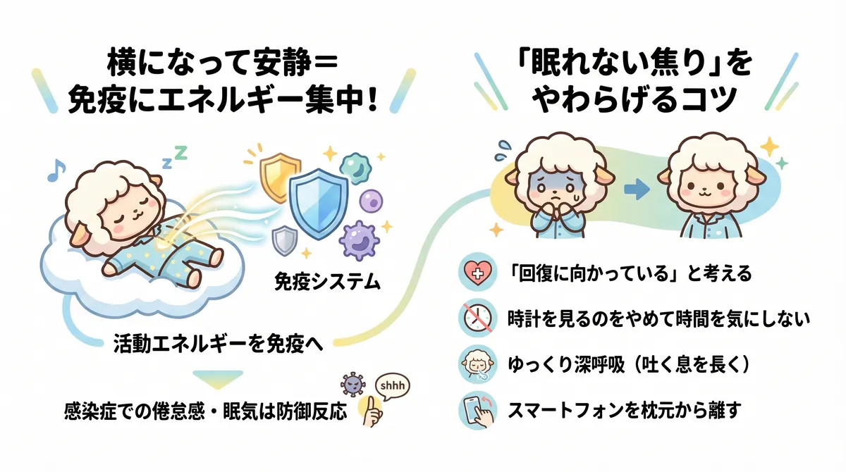 安静でエネルギーを免疫に回せること、「眠れない焦り」をやわらげるコツを紹介します。
