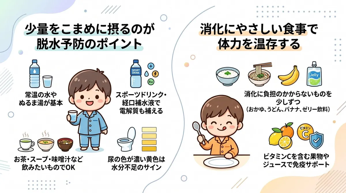 少量をこまめに摂るのが脱水予防のポイントであること、消化にやさしい食事で体力を温存する方法を紹介します。