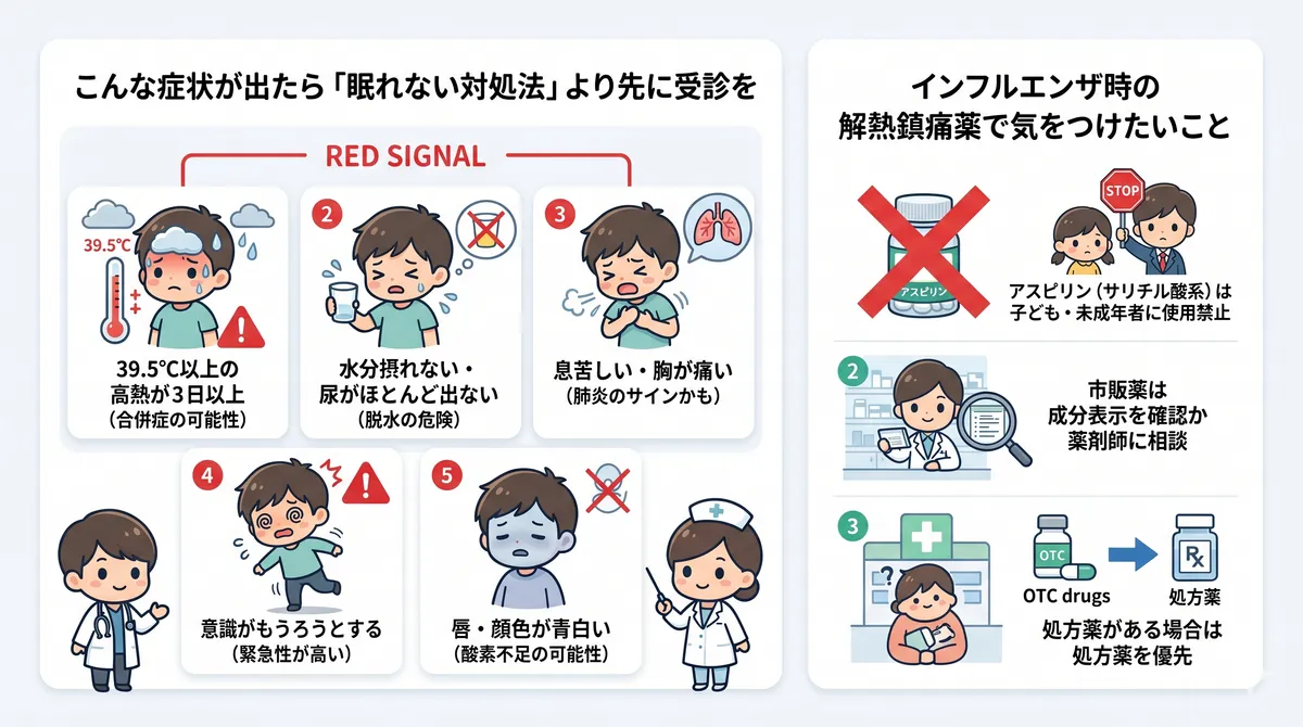 高熱が3日以上続く・水分が摂れない・呼吸がつらいは赤信号であること、解熱鎮痛薬で気をつけたいことを説明します。