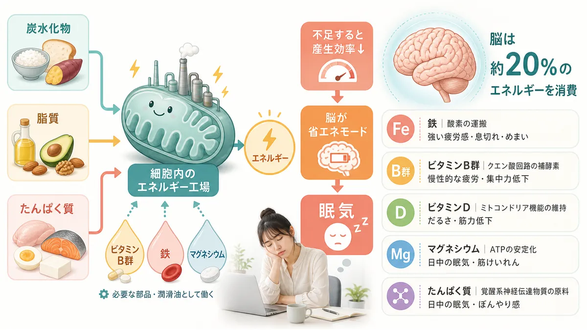 エネルギーを作る仕組みと栄養素の深い関係、脳は体全体の約20%ものエネルギーを消費することを解説します。