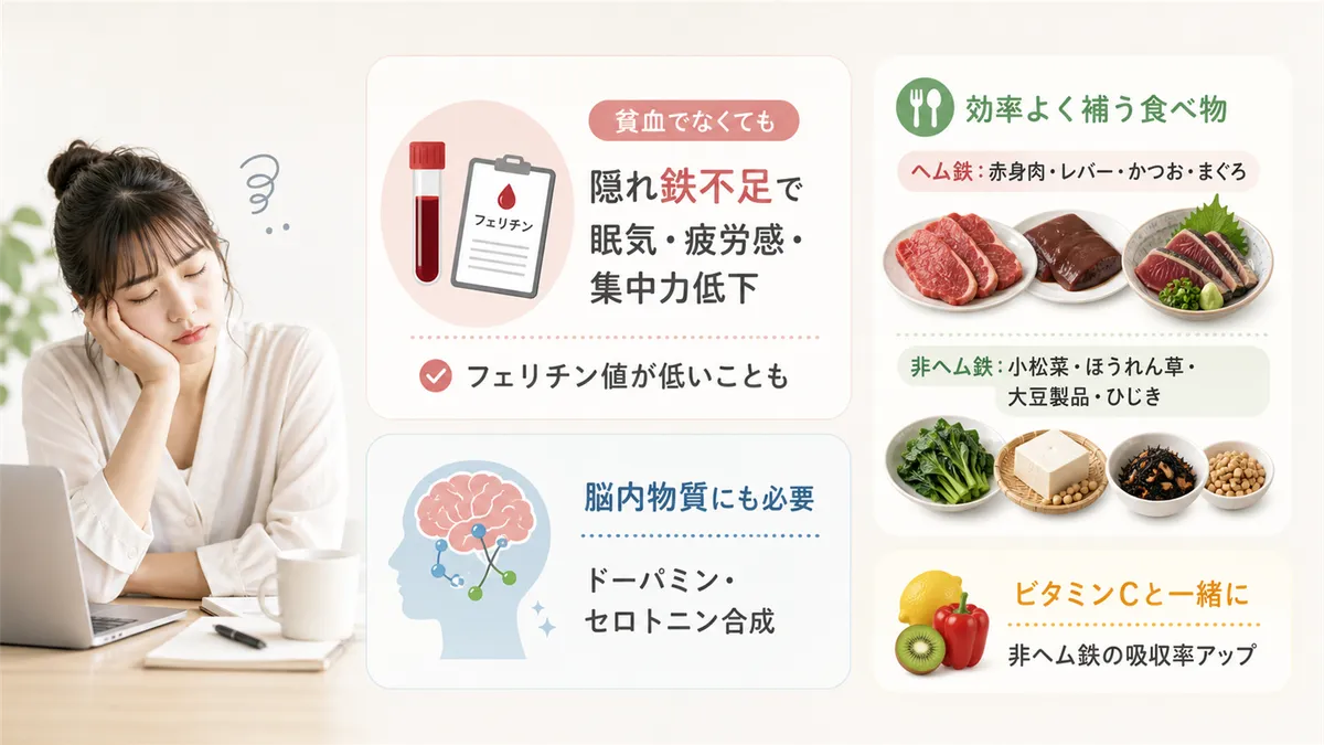 貧血ではなくても鉄不足で眠くなること、鉄を効率よく補える食べ物と摂り方のコツを紹介します。