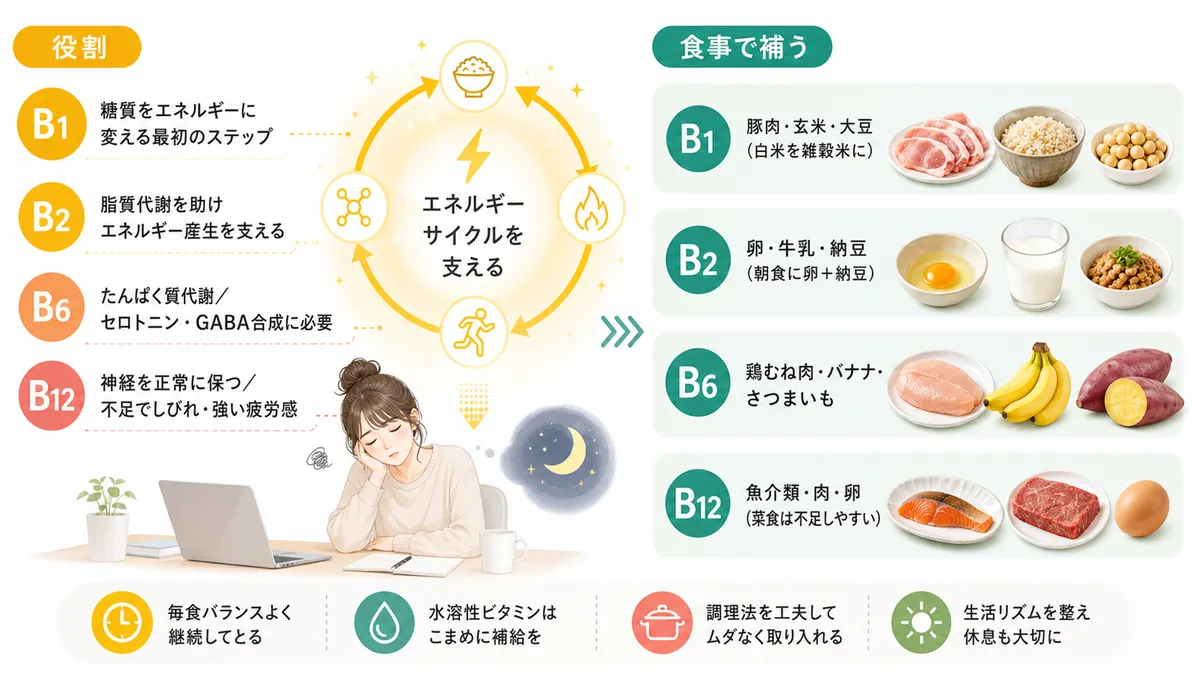 エネルギー代謝を支えるビタミンB群それぞれの役割と、食事で効率よく補う方法を解説します。