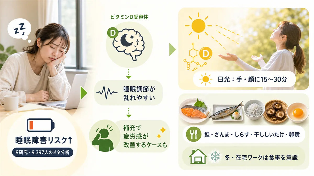 ビタミンDと睡眠・疲労の意外な関係、日光と食事でビタミンDを補う工夫を紹介します。