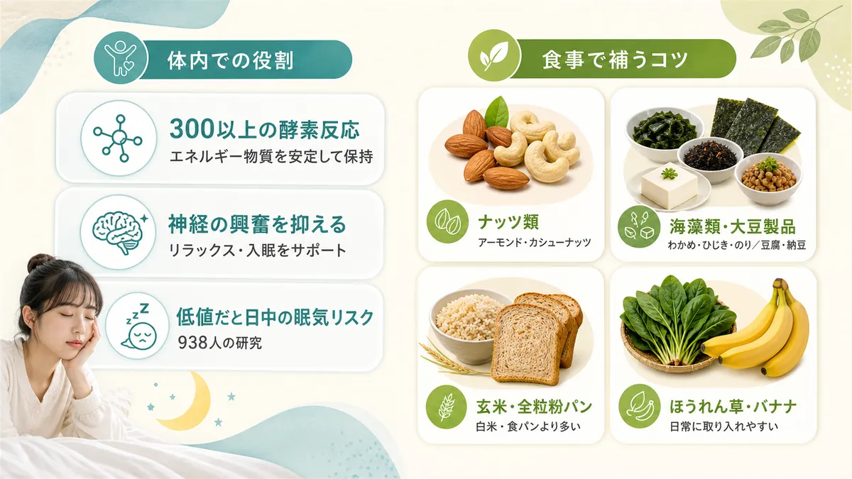 マグネシウムの体内での役割と、食事で補うコツを解説します。