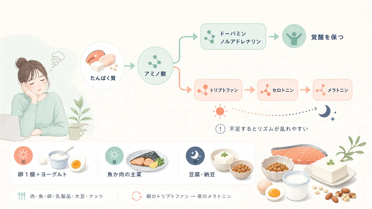 覚醒を支える神経伝達物質とアミノ酸の関係、たんぱく質を毎食バランスよく摂るコツを紹介します。