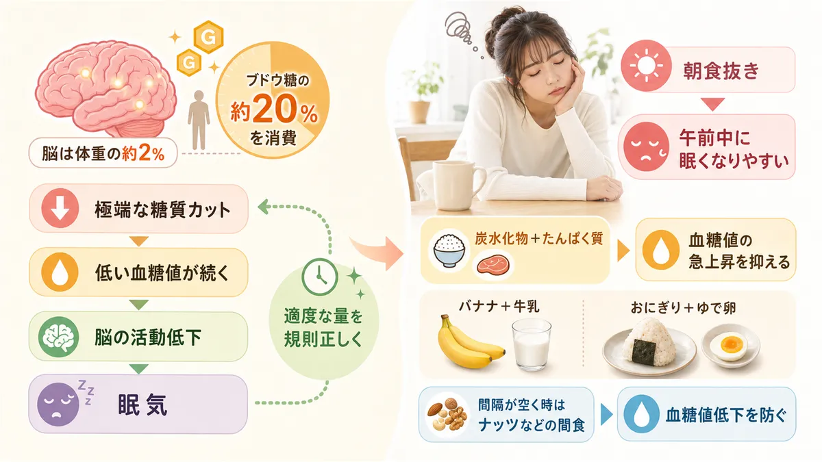 脳が求めるブドウ糖と食事量の関係、朝食を抜くとなぜ午前中に眠くなるのかを解説します。