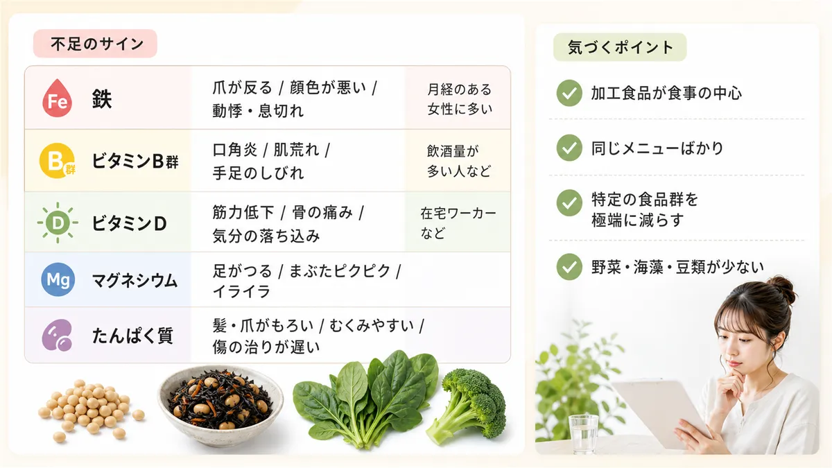 栄養素別「不足のサイン」早見表と、「新型栄養失調」に気づくためのポイントを紹介します。