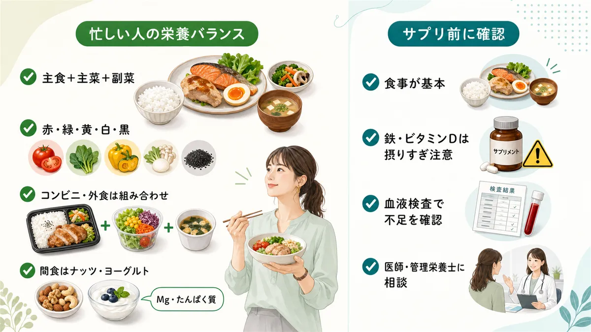 忙しい人でもできる栄養バランスの整え方と、サプリメントに頼る前に知っておきたいことを解説します。