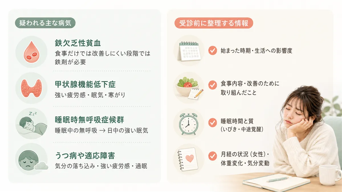 眠気が続く場合に疑われる主な病気と、受診前に整理しておくとスムーズな情報を案内します。