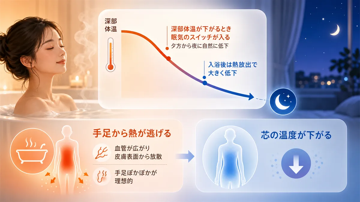 深部体温が下がるときに眠気のスイッチが入る仕組みと、手足から熱が逃げることで芯の温度が下がるメカニズムを解説します。