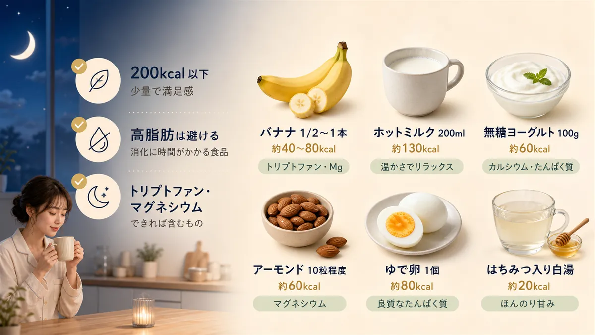 夜食選びの3つの条件と、おすすめの食品と具体的な量の目安を紹介します。