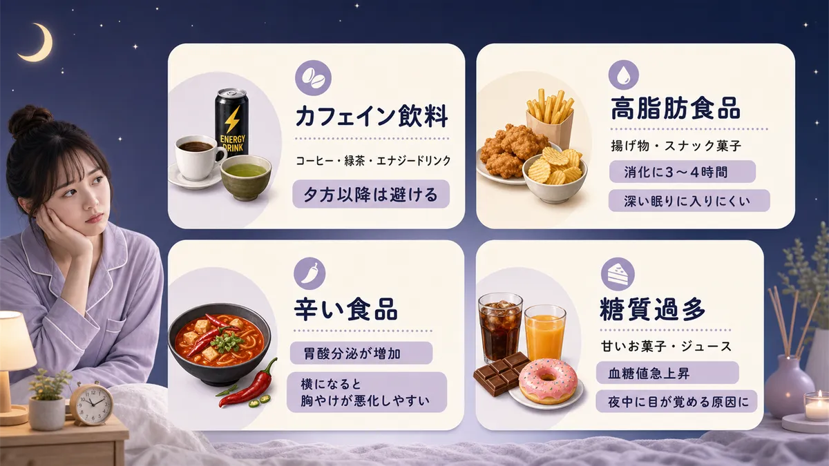 睡眠を妨げる食べ物や飲み物を具体的に整理します。