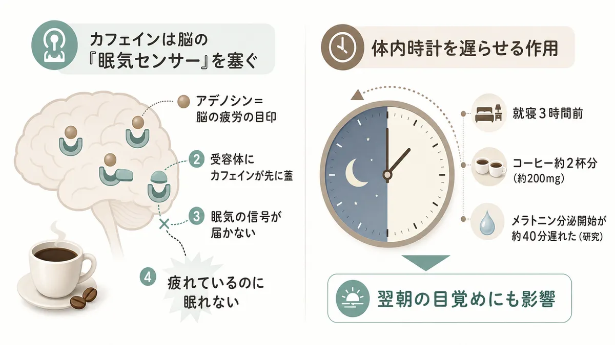 カフェインは脳の「眠気センサー」を塞いでしまうこと、体内時計を遅らせるもう一つの作用を解説します。