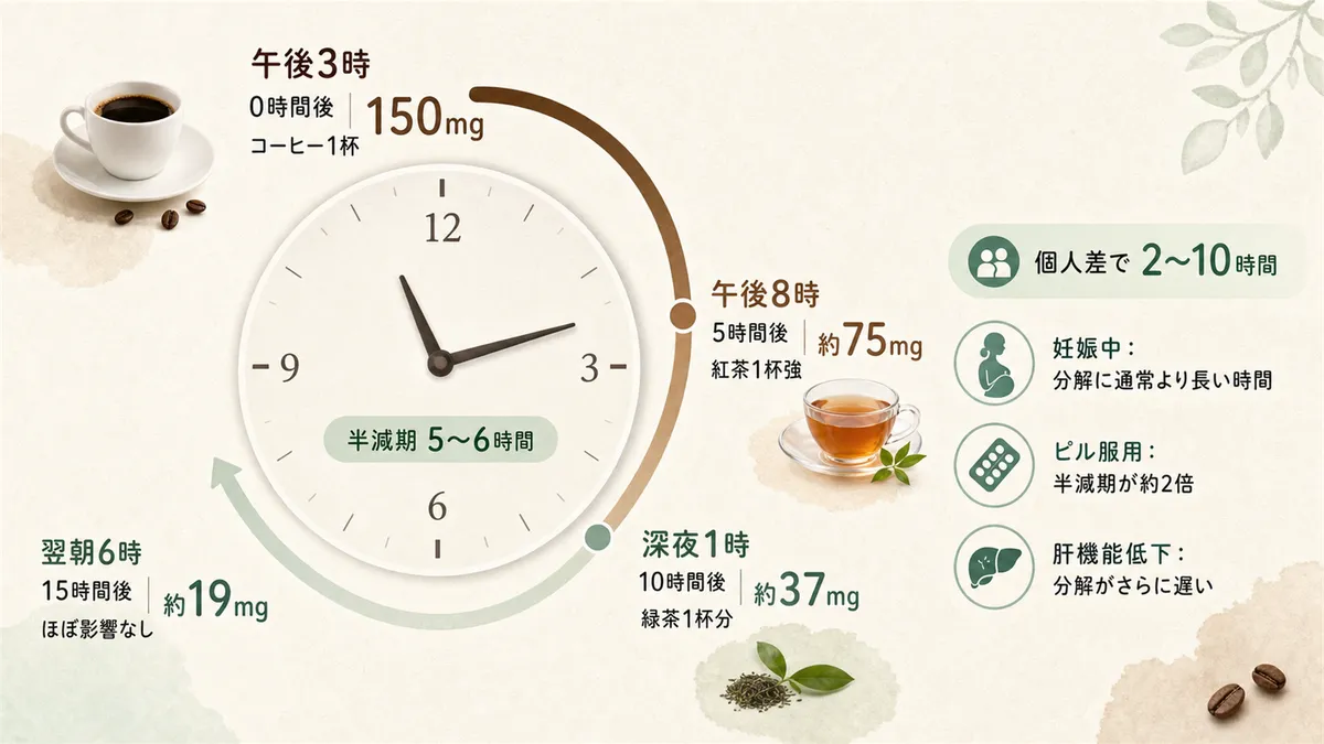 半減期5〜6時間を「時計」で考えてみること、個人差で半減期が2〜10時間まで変わる理由を説明します。