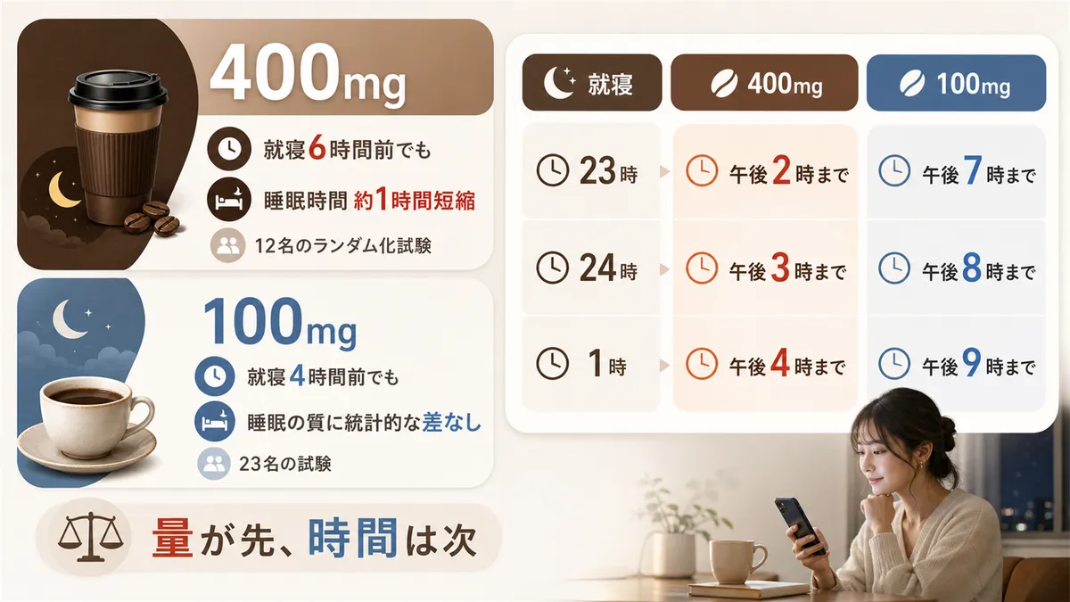 400mgと100mgで影響がまったく違うこと、就寝時間から逆算するカフェインカットオフ時間を紹介します。