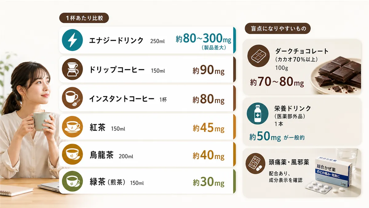 飲み物別カフェイン量を1杯あたりで比較し、意外な盲点になりやすいカフェイン源を紹介します。