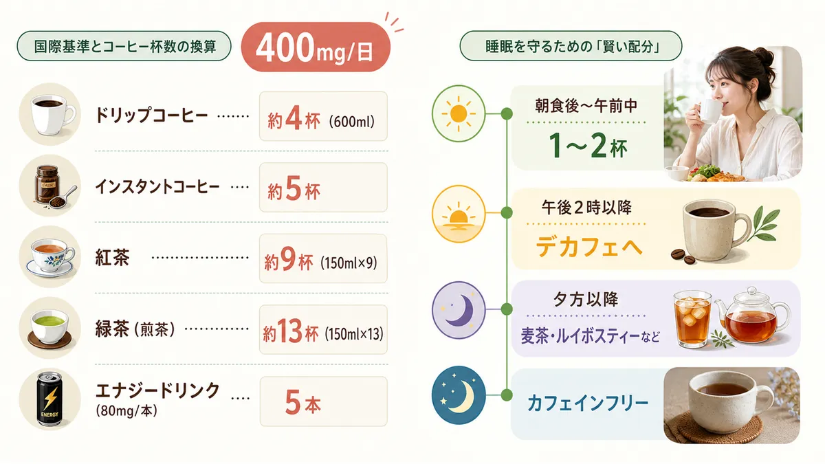 国際基準とコーヒー杯数の換算、睡眠を守るための「賢い配分」を紹介します。