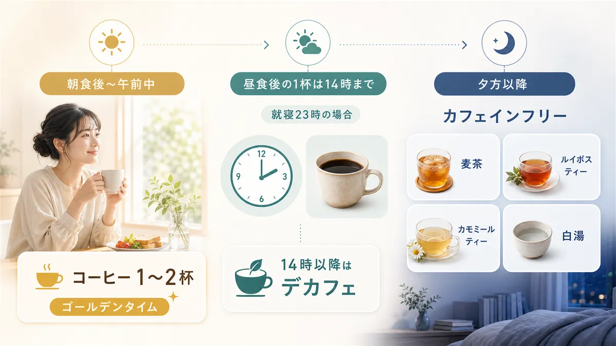 午前中に楽しむ「ゴールデンタイム」を決めること、午後はデカフェ、夕方以降はカフェインフリーに切り替える方法を紹介します。