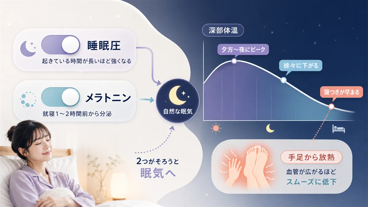 睡眠圧とメラトニンの2つのスイッチ、深部体温が下がると眠気がやってくる仕組みを解説します。