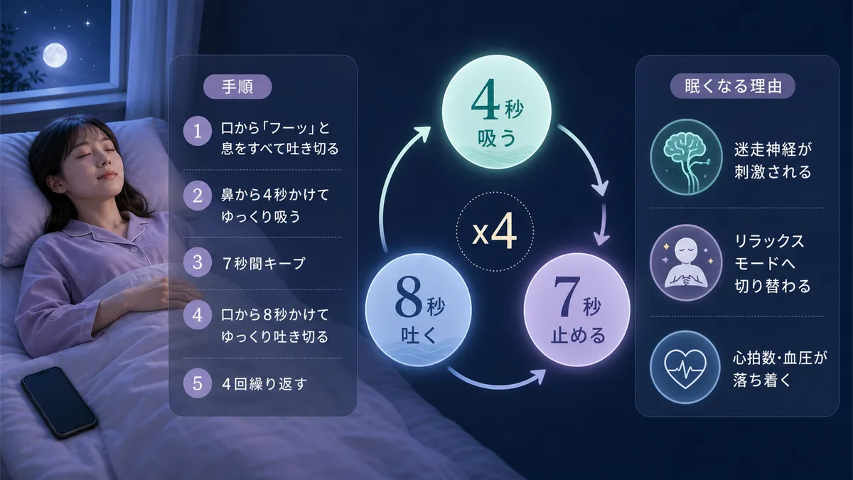 4-7-8呼吸法の具体的な手順と、「吐く息を長くする」と眠くなる理由を解説します。