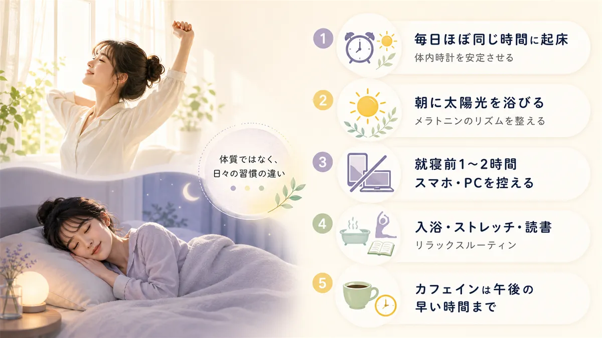 寝つきの良し悪しは体質ではなく日々の習慣の違いであることを解説します。（すぐ寝れる人の習慣：毎日ほぼ同じ時間に起床して体内時計を安定させる・朝に太陽光を浴びてメラトニン分泌リズムを整える・就寝前1〜2時間はスマホ・PCの画面を見る時間を減らす・寝る前に入浴・ストレッチ・読書などリラックスルーティンがある・カフェインを午後の早い時間までにとどめる）