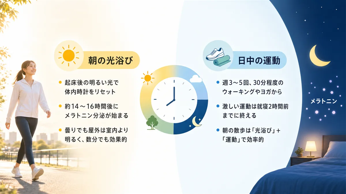 朝の光浴びが体内時計を整える仕組みと、運動はいつ・どのくらいが寝つきに効果的かを解説します。