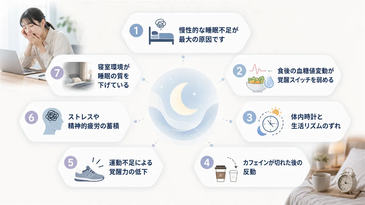 慢性的な睡眠不足、食後の血糖値変動、体内時計のずれ、カフェインの反動、運動不足、ストレス、寝室環境の問題を整理します。