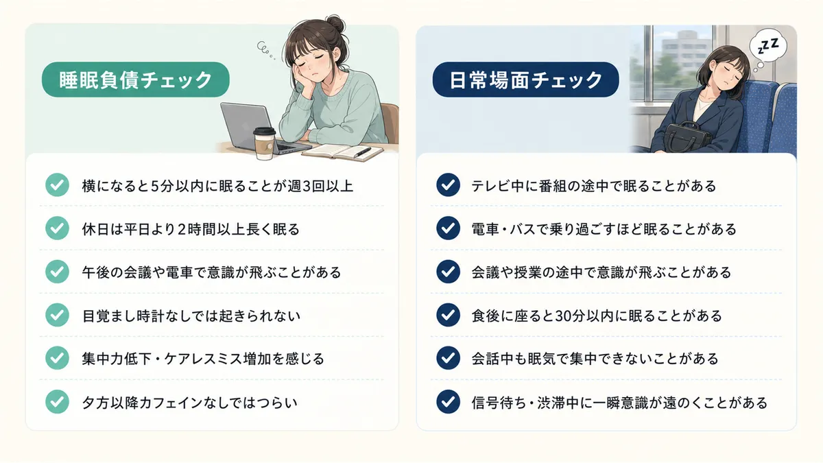 睡眠負債が溜まっていないかの確認方法と、日常の場面で眠気の深刻度を確認する方法を紹介します。