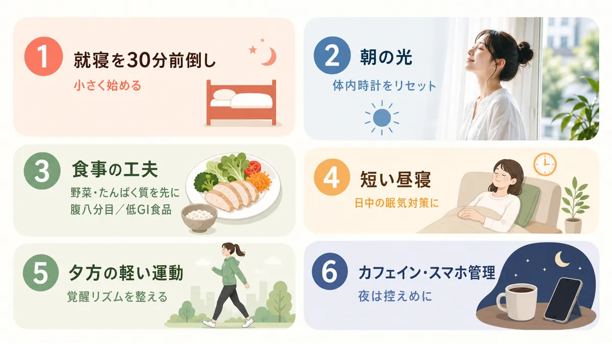 就寝時間の前倒し、朝の光、食事の工夫、短い昼寝、夕方の運動、カフェインとスマホの管理など6つの改善策を紹介します。