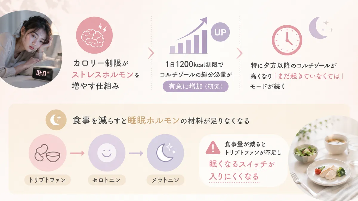 カロリー制限がストレスホルモンを増やす仕組みと、食事を減らすと睡眠ホルモンの材料が足りなくなるメカニズムを解説します。