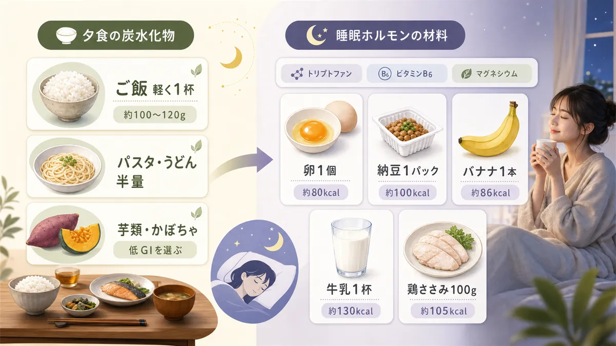 夕食に炭水化物を適量残すことの大切さと、睡眠ホルモンの材料になる食品の選び方を紹介します。