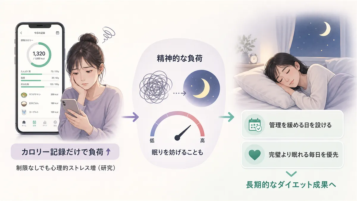 カロリーを記録すること自体がストレスになる場合があることを含め、精神的な負荷と睡眠の関係を説明します。