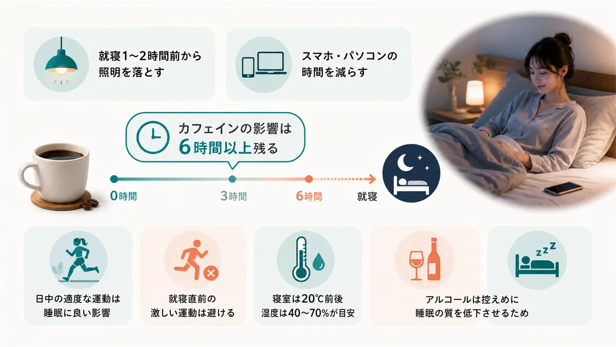 カフェインの影響は6時間以上残ることなど、生活習慣の注意点を解説します。