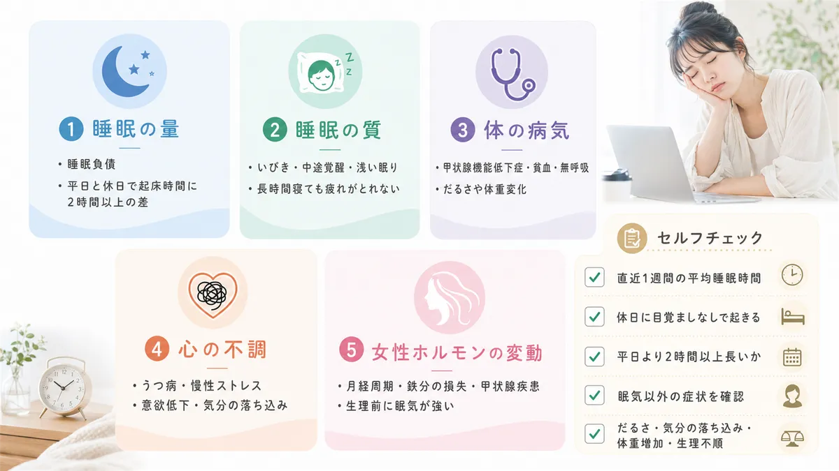 慢性的な眠気の5つのカテゴリと、自分の眠気がどこから来ているか見当をつける方法を解説します。