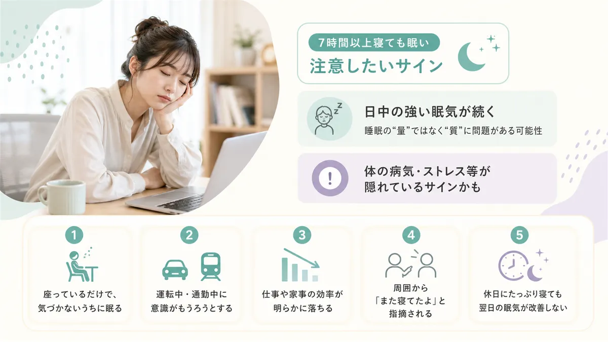 7時間以上寝ても眠いなら注意したいサインと、日常生活への支障で判断する5つのポイントを紹介します。