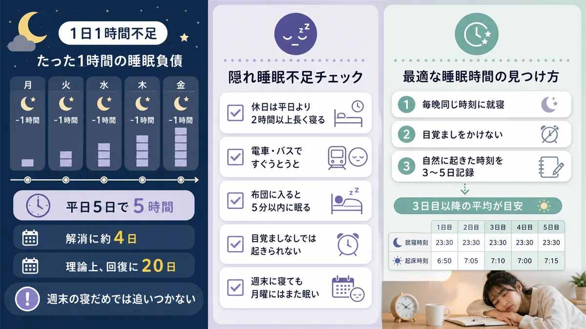 1日1時間の不足が積み重なる怖さ、「隠れ睡眠不足」のセルフチェック、自分の最適な睡眠時間を知る方法を紹介します。（隠れ睡眠不足のセルフチェック項目：休日に平日より2時間以上長く寝てしまう・電車やバスに乗るとすぐうとうとする・布団に入ると5分以内に眠りに落ちる・目覚まし時計なしでは朝起きられない・週末にたくさん寝ても月曜日にはまた眠い）