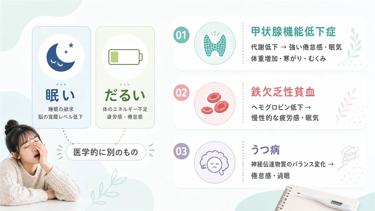「眠い」と「だるい」は医学的に別のものであること、だるさを伴う眠気で考えられる3つの原因を紹介します。