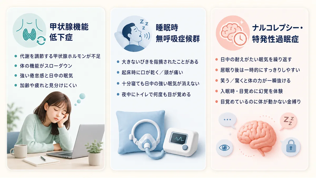 甲状腺機能低下症、睡眠時無呼吸症候群、ナルコレプシーと特発性過眠症の特徴を解説します。