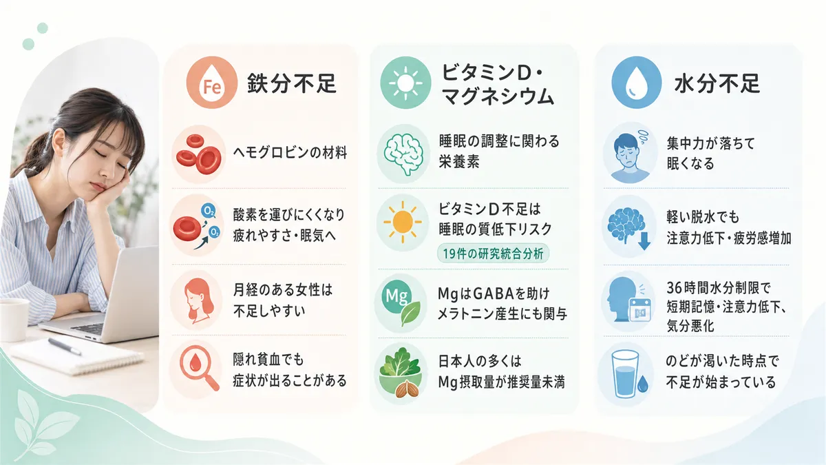 鉄分不足、ビタミンDとマグネシウム、水分不足がそれぞれ眠気を招くメカニズムを解説します。