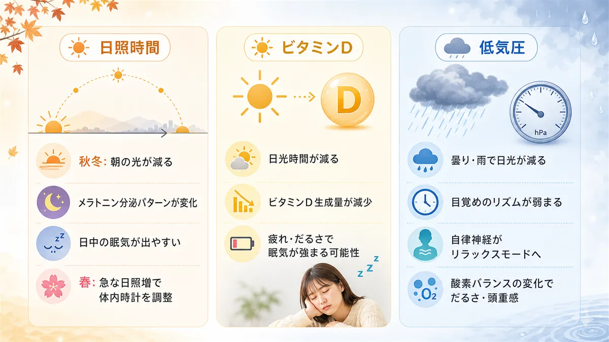 日照時間の変化によるメラトニン分泌パターンの変化、季節の眠気とビタミンD不足の重なり、低気圧の日に眠くなるメカニズムを解説します。