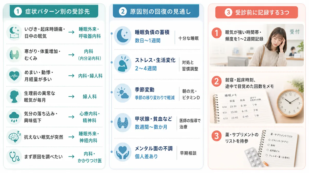 症状パターン別の受診先ガイド、原因別の回復の見通し、受診前に記録しておくと役立つ情報を案内します。