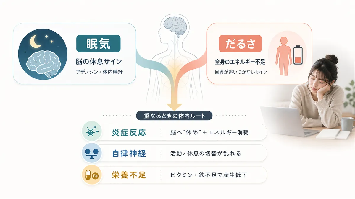 「眠気」と「だるさ」はそれぞれ別の信号であること、両方が重なるとき体の中では何が起きているのかを解説します。