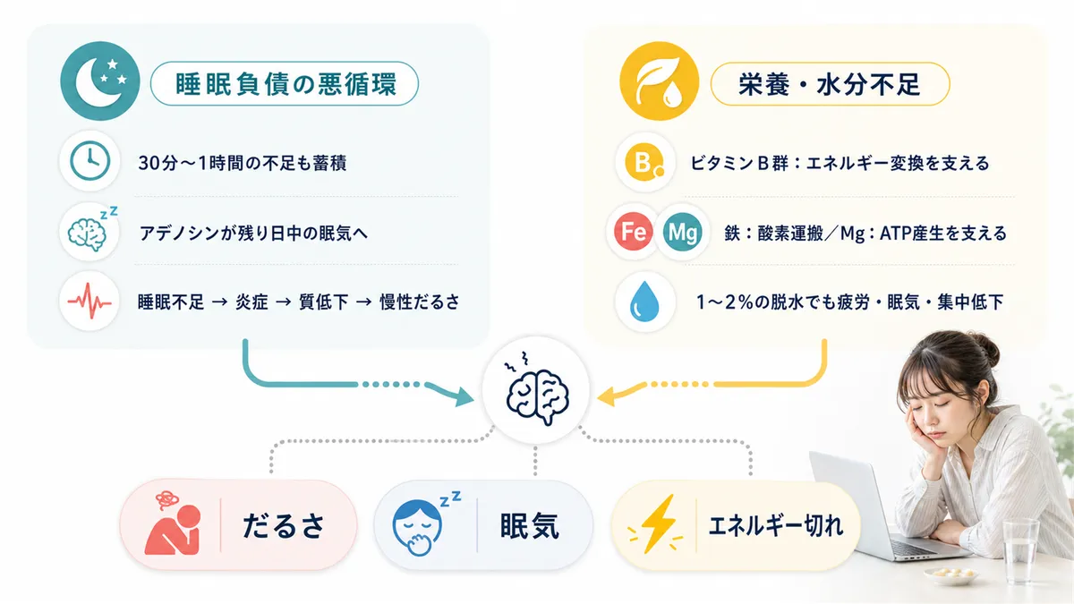 睡眠負債がだるさと眠気を慢性化させるしくみ、ビタミン・鉄・水分の不足がエネルギー切れを起こすメカニズムを説明します。