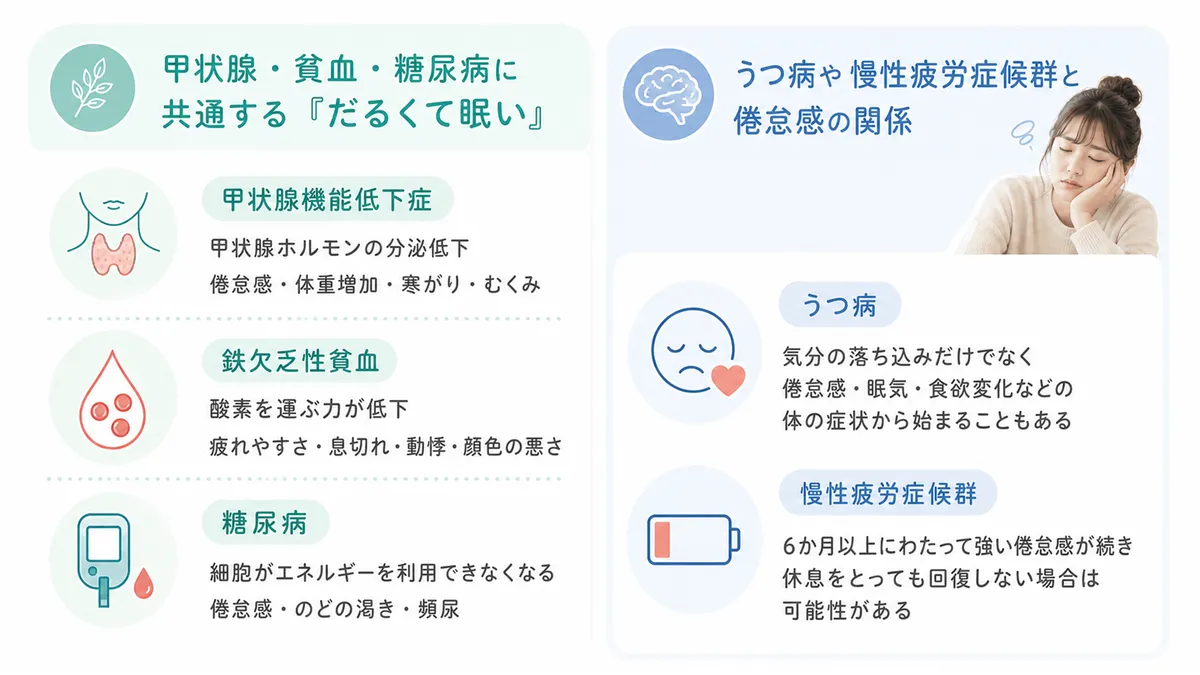 甲状腺・貧血・糖尿病に共通する症状と、うつ病や慢性疲労症候群と倦怠感の関係を解説します。