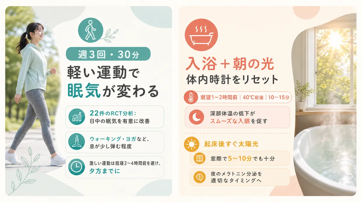 週3回・30分の軽い運動の効果、入浴と朝の光で体内時計をリセットする方法を解説します。