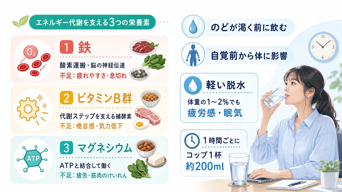 エネルギー代謝を支える3つの栄養素と、「のどが渇く前に飲む」が疲労予防になることを紹介します。