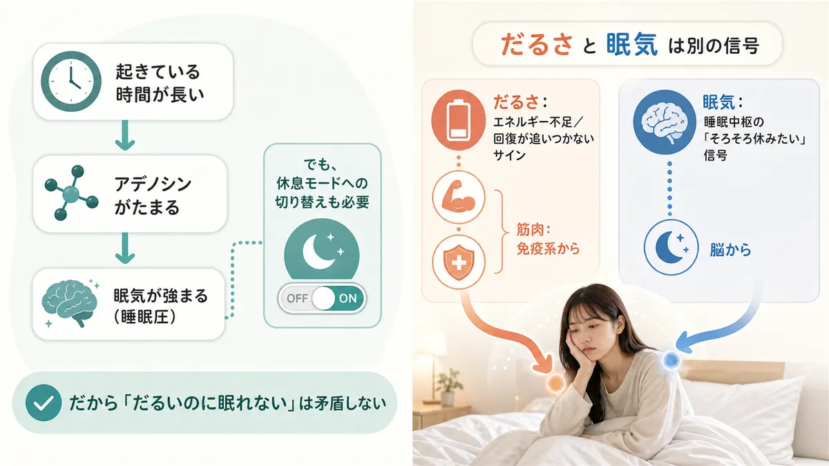 「疲れたら眠れる」は半分だけ正しいこと、だるさと眠気は体の中では別の信号であることを解説します。